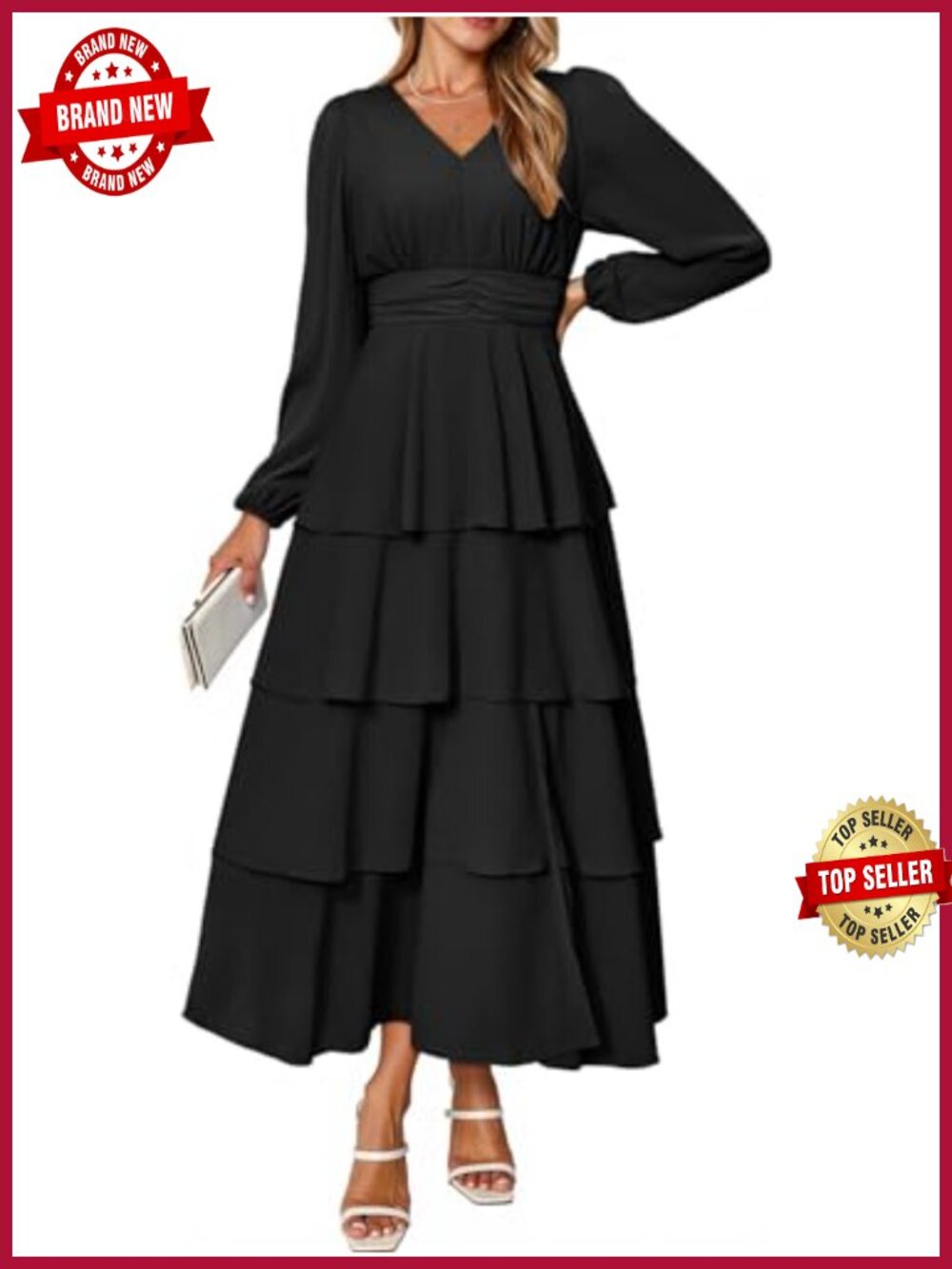 Flowy Long Sleeve Maxi Dress V Neck Chiffon Wedding Guest